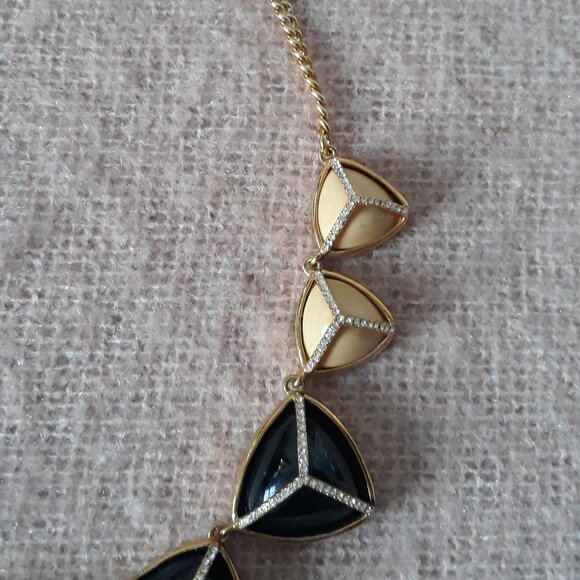 Fossil Statement Necklace, Black & Cream Triangular Stones, Gold Chain - Picture 4 of 7